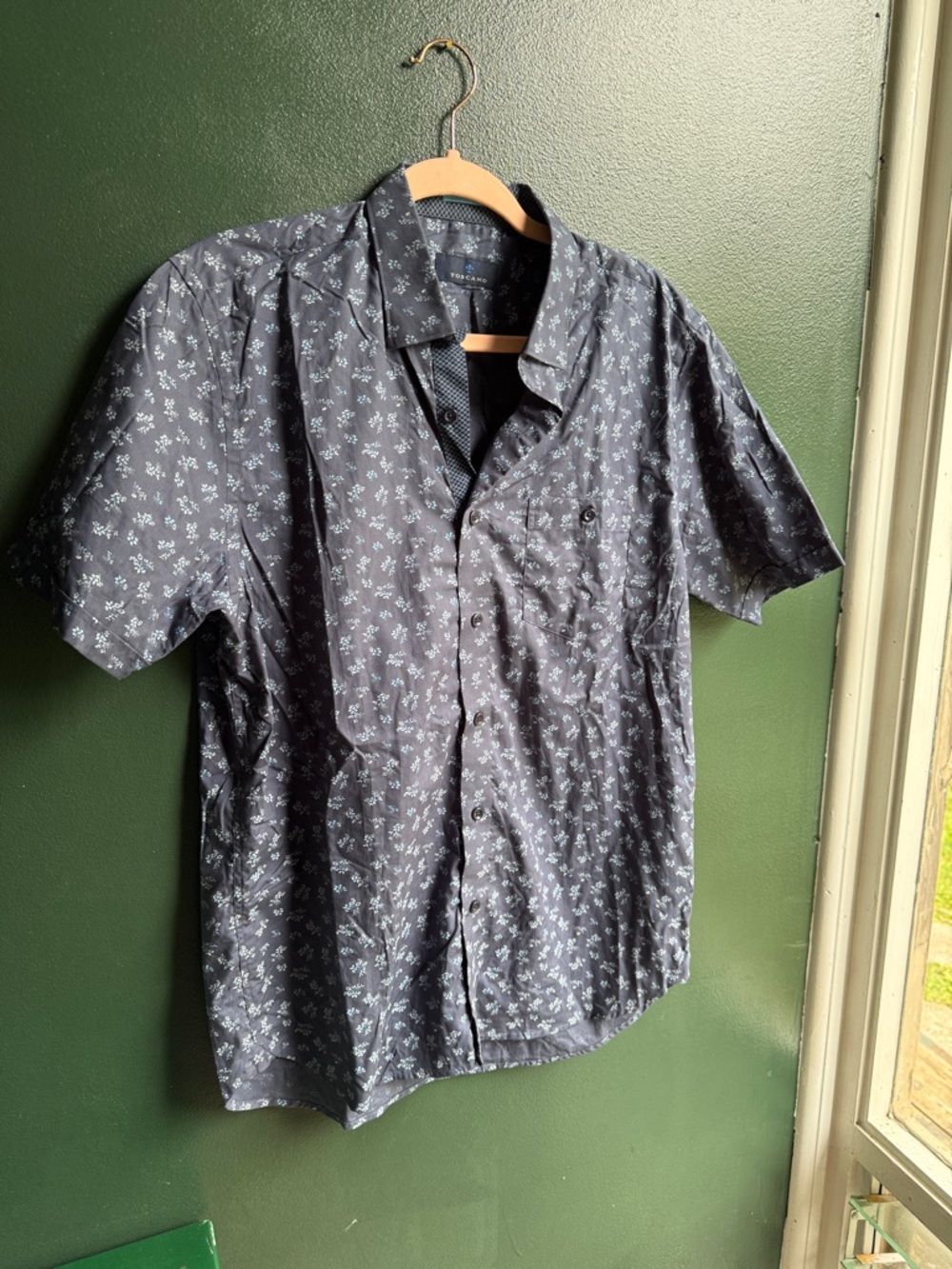 Men's Navy Short-Sleeve Button-Down Shirt with Light Floral Print